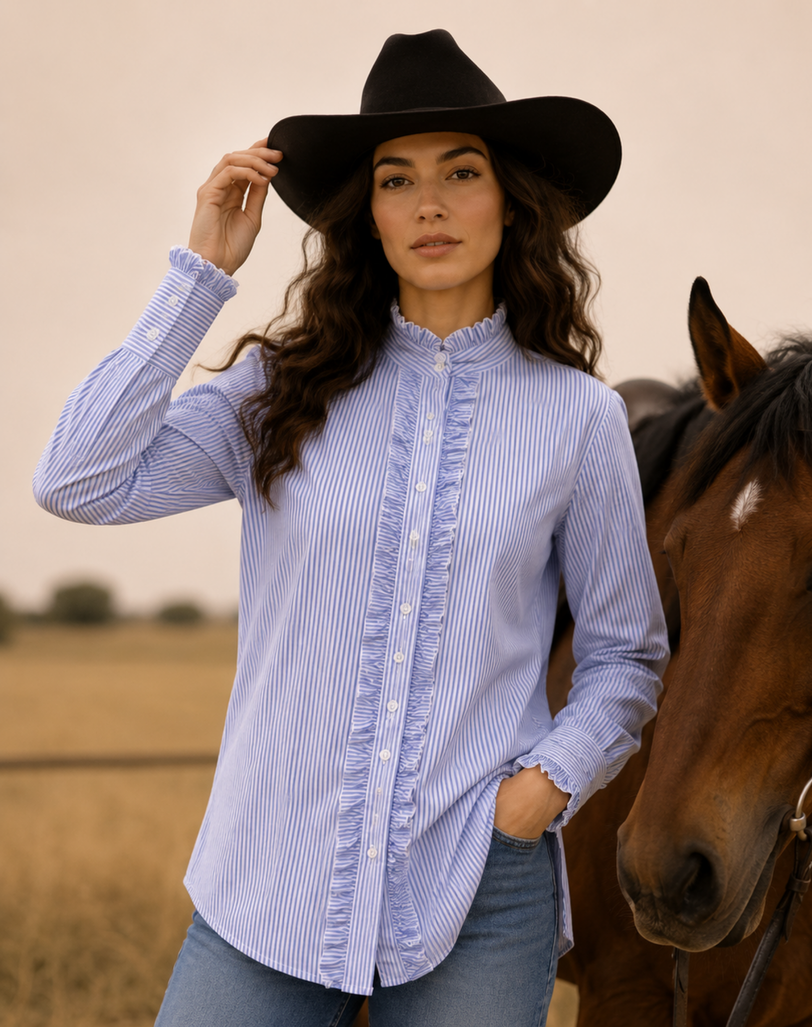 Light Blue Ruffle Shirt With White Stripes Outback Supply Co