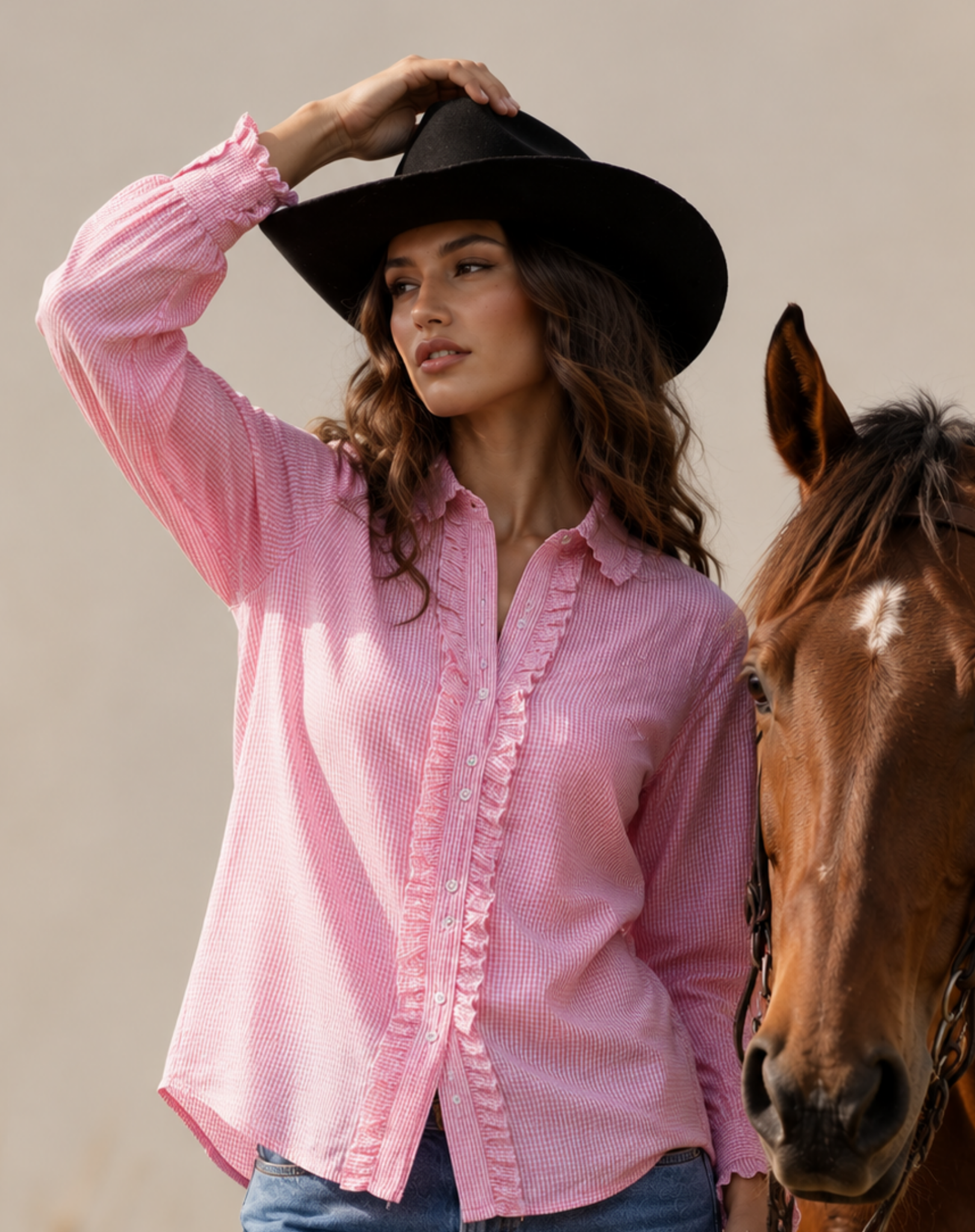 Pink Gingham Check Ruffled Blouse Outback Supply Co