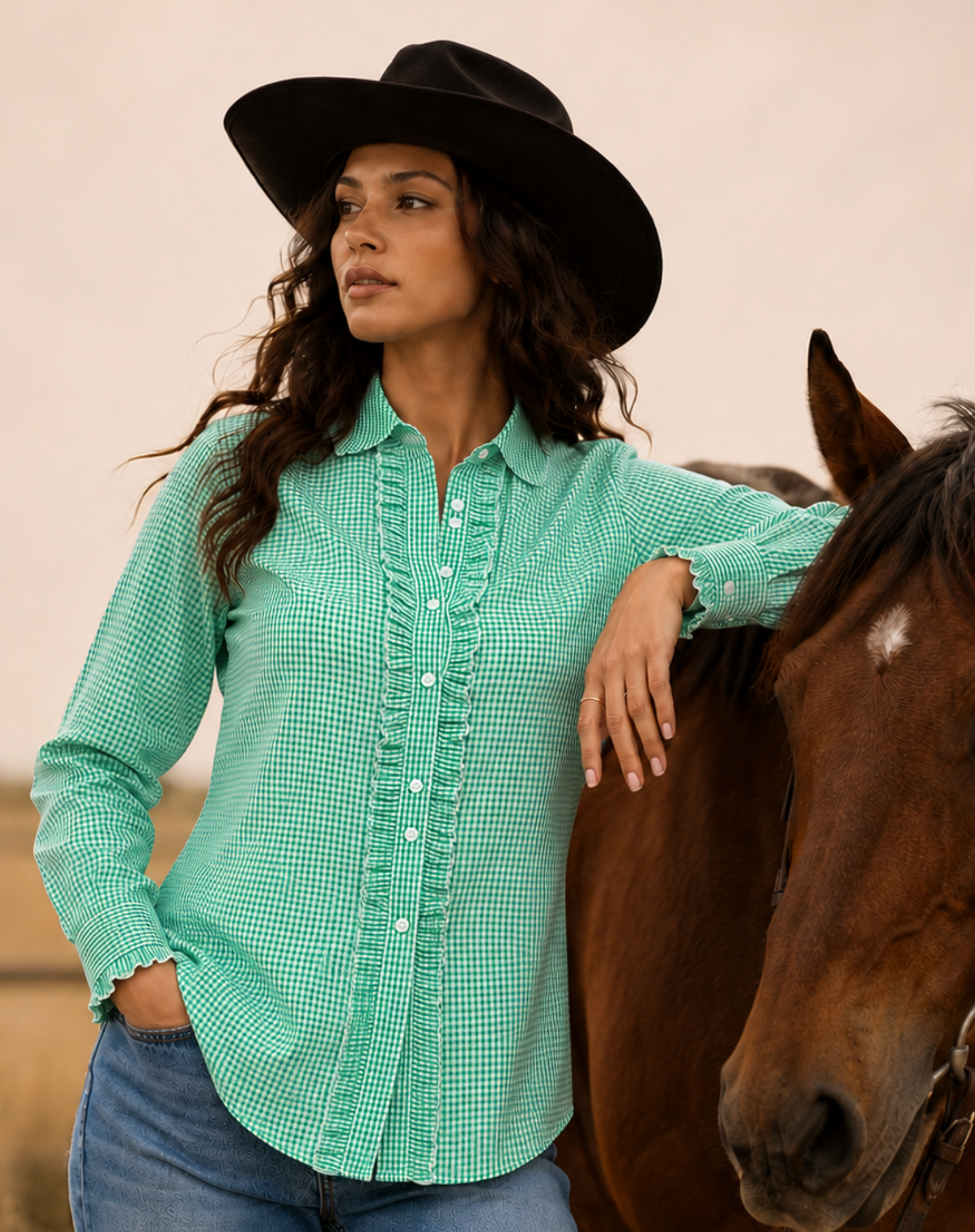 Green Gingham Ruffle Shirt Outback Supply Co