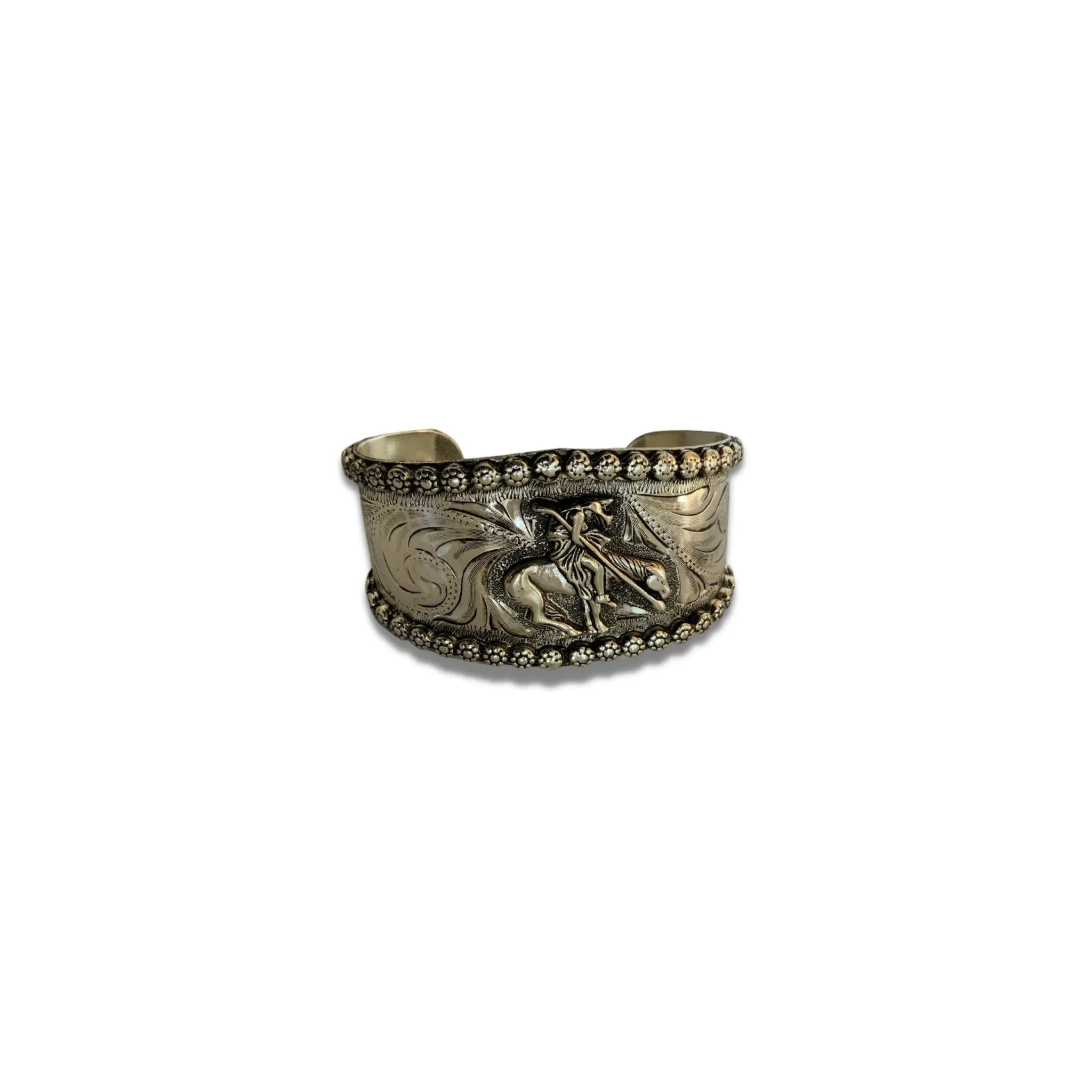 Antiqued silver finish cuff Bracelet - Horse & Rider Motif Outback Supply Co