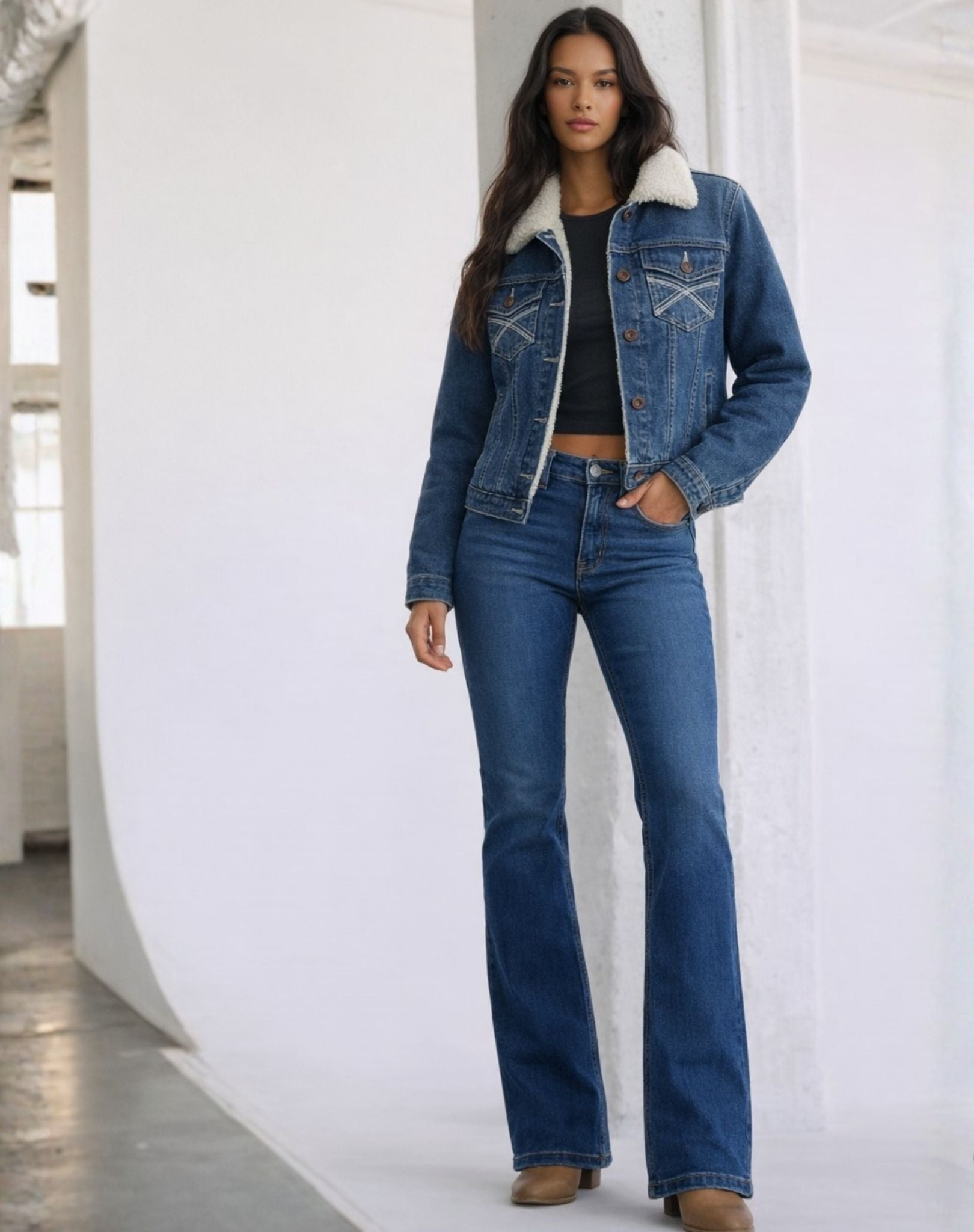 Womens Embroided Denim Sherpa Jacket Outback Supply Co