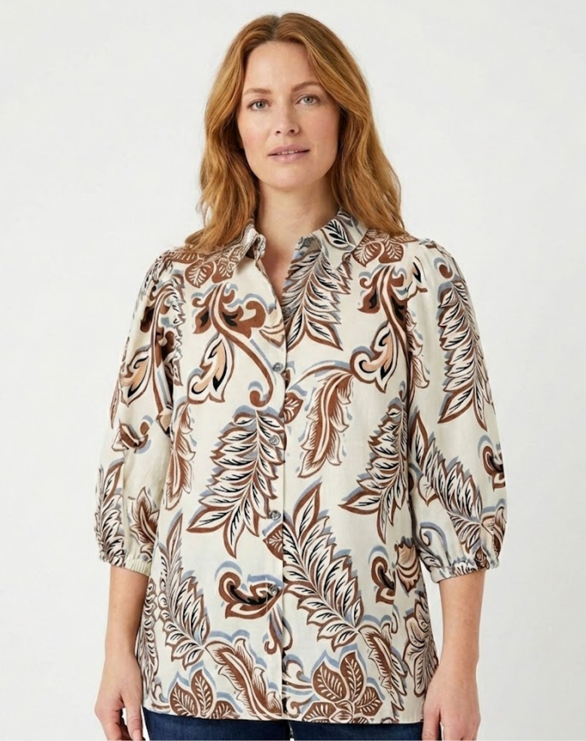Brown Multi Printed Puff Sleeve Shirt Outback Supply Co