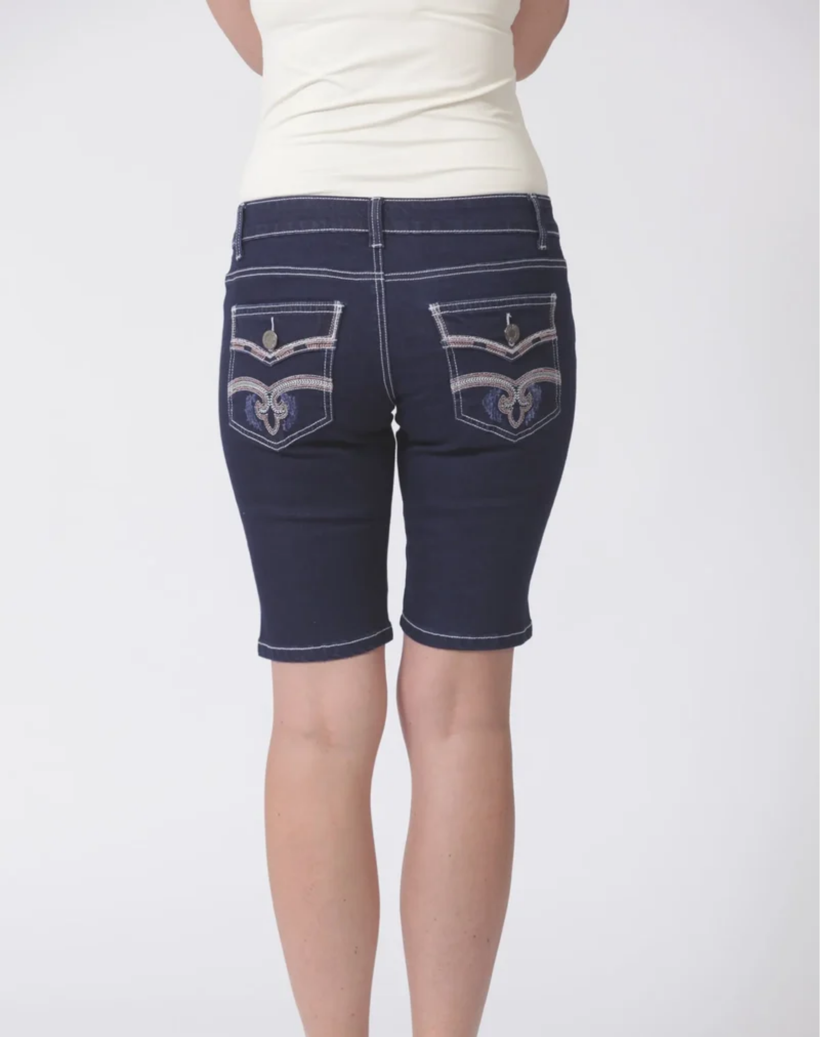 Women’s Mid-Rise Fitted Bermuda Denim Shorts with Bling – Dark Indigo Outback Supply Co