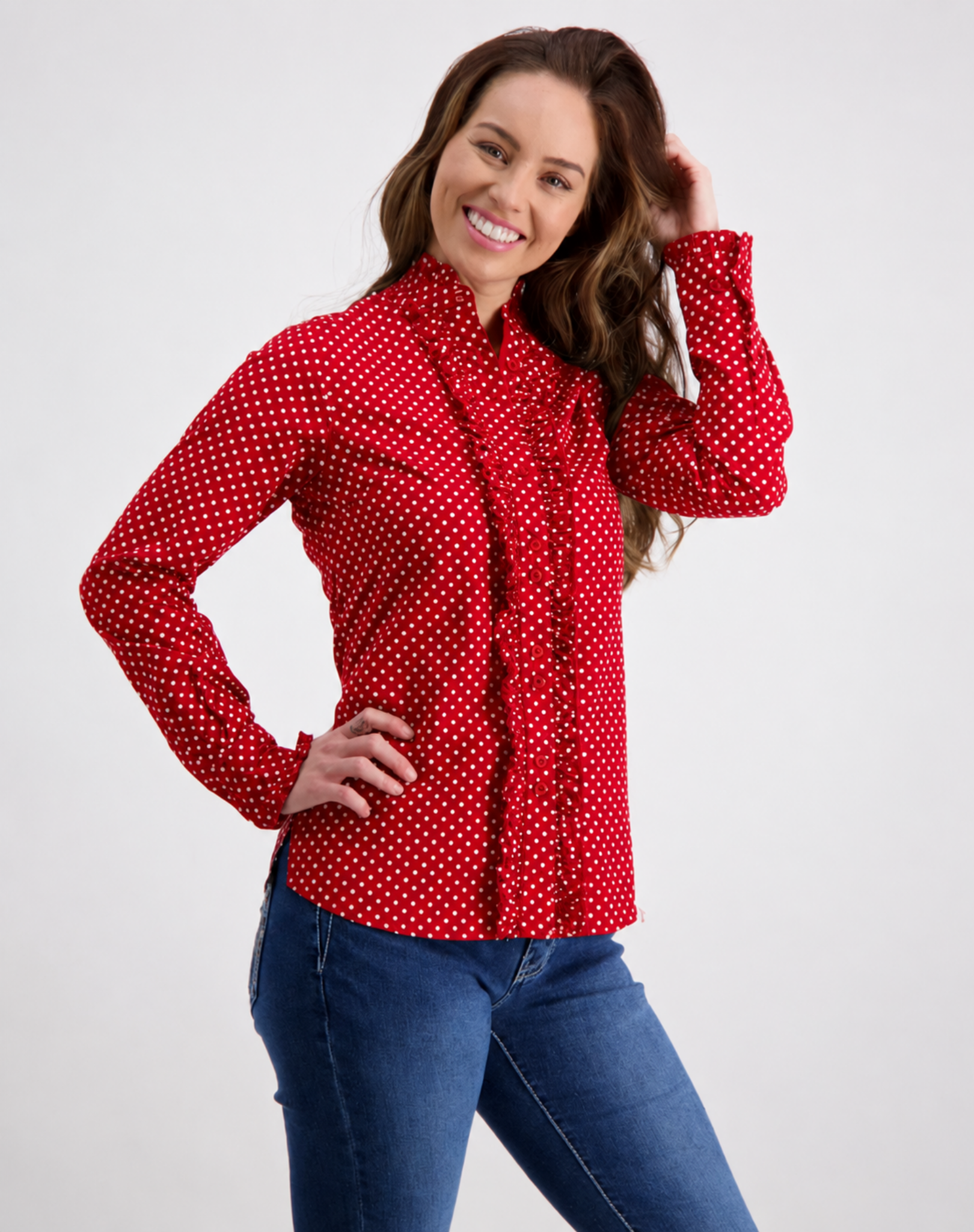 Red Ruffled Shirt With White Spots Outback Supply Co