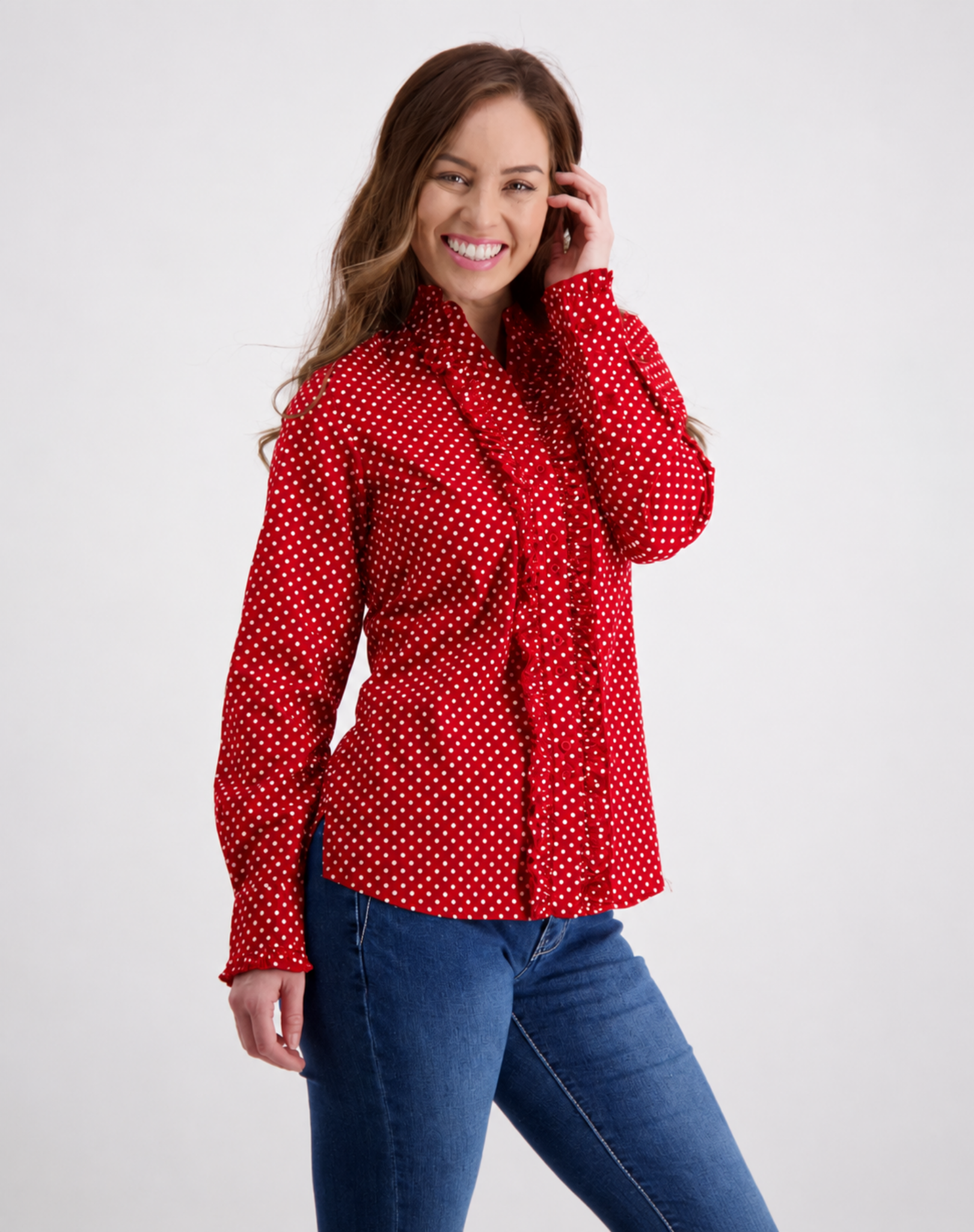 Red Ruffled Shirt With White Spots Outback Supply Co