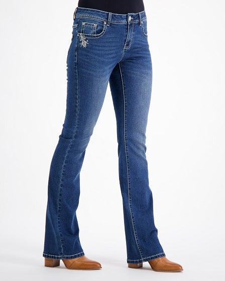 Myra Western Bling Stretch Bootcut Jeans – Mid Blue Outback Supply Co
