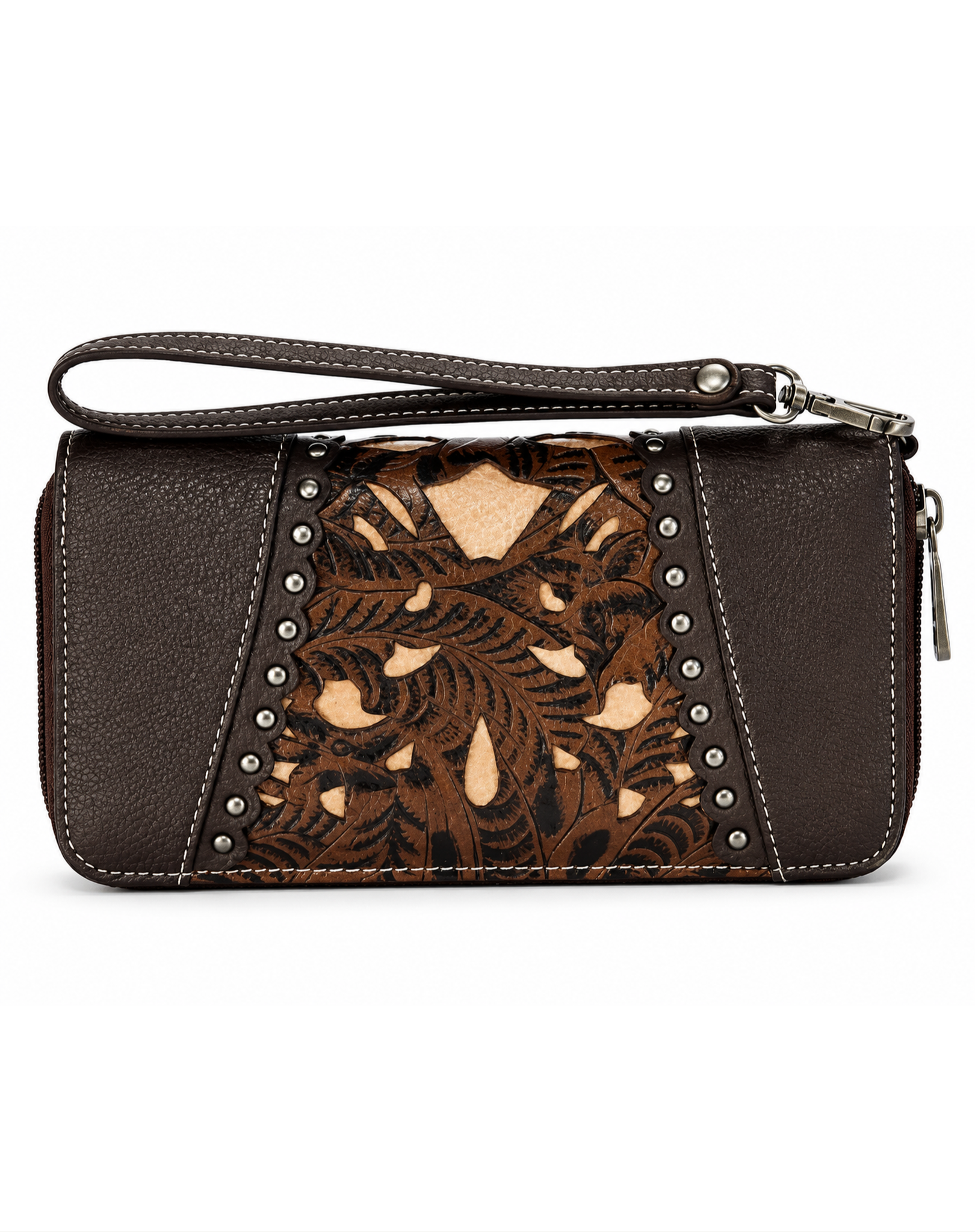 Western Brown Floral Tooled Faux Leather Wristlet Clutch Wallet Outback Supply Co