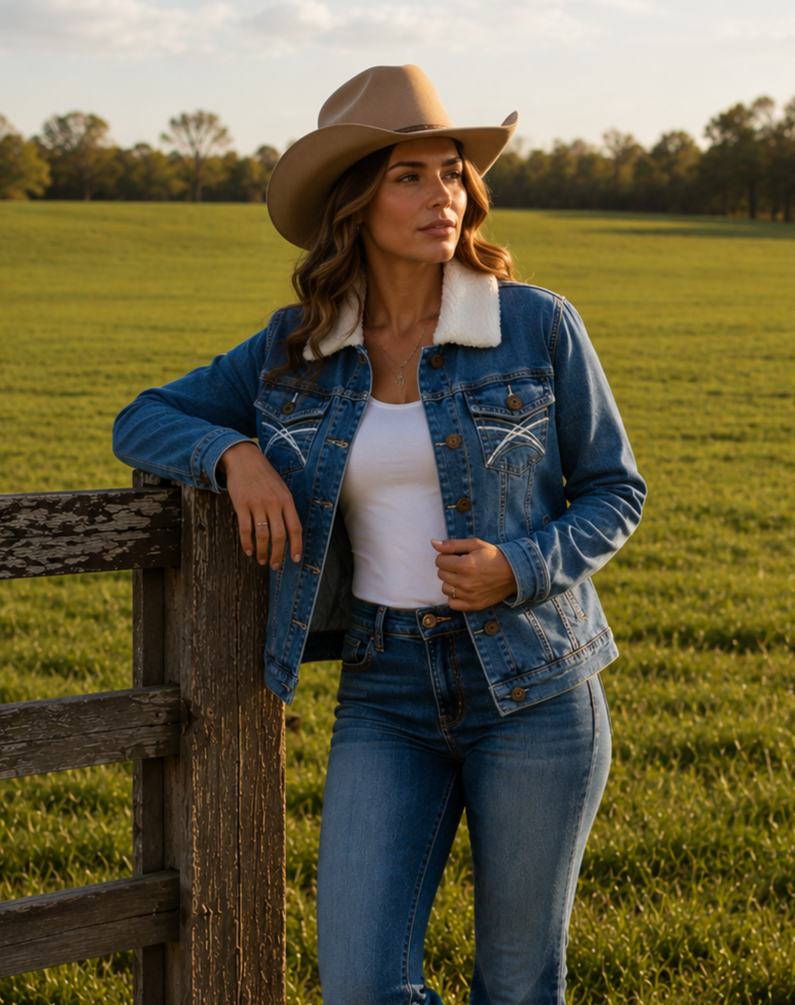 Womens Embroided Denim Sherpa Jacket Outback Supply Co