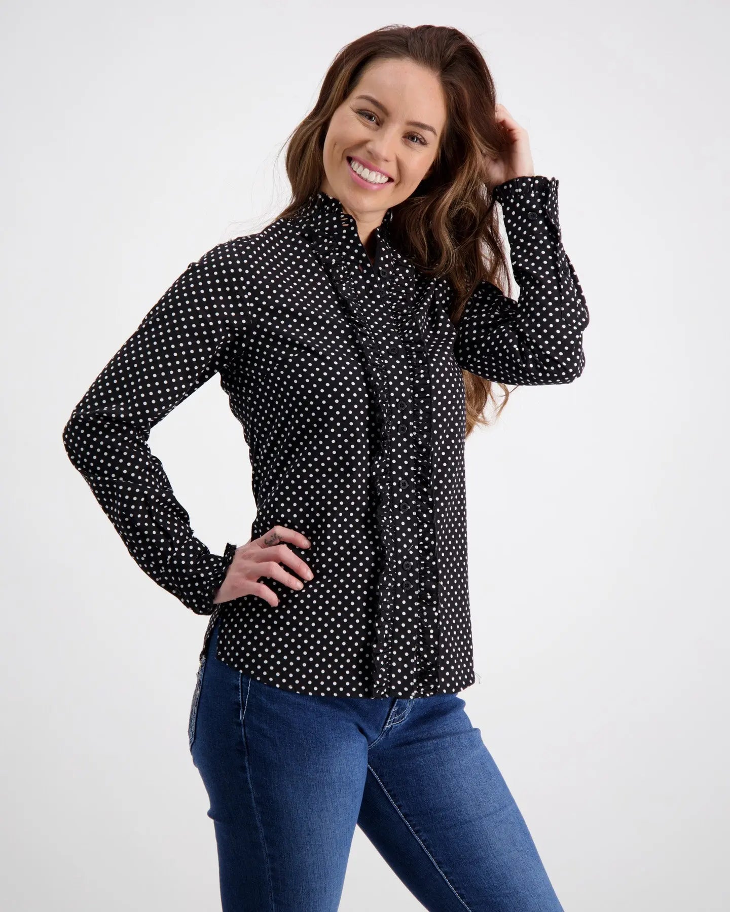 Black Ruffle Shirt With White Spots Outback Supply Co