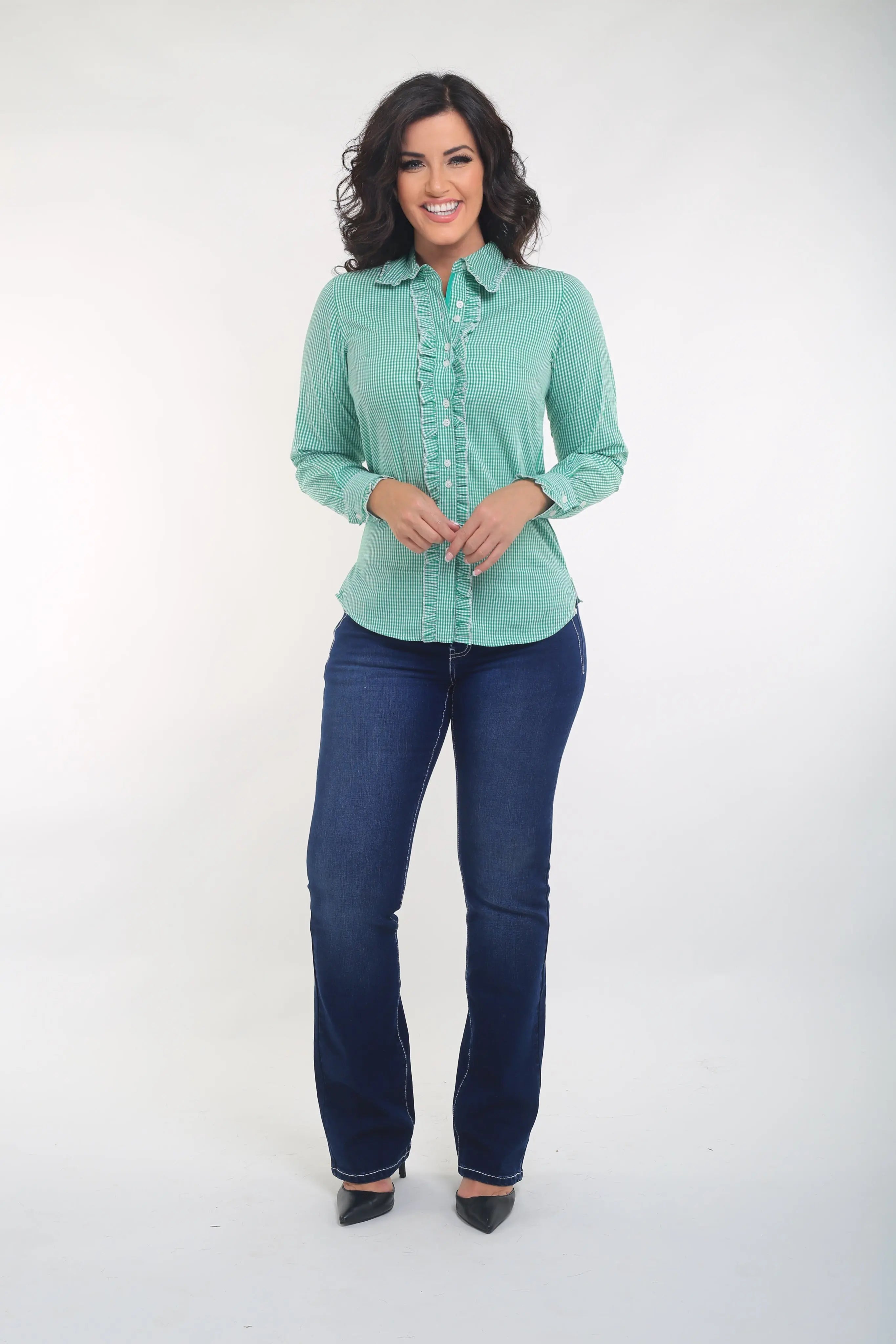 Green Gingham Ruffle Shirt Outback Supply Co