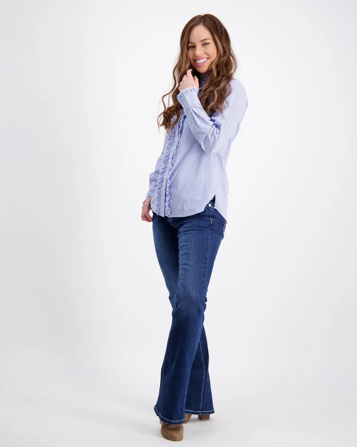 Light Blue Ruffle Shirt With White Stripes Outback Supply Co