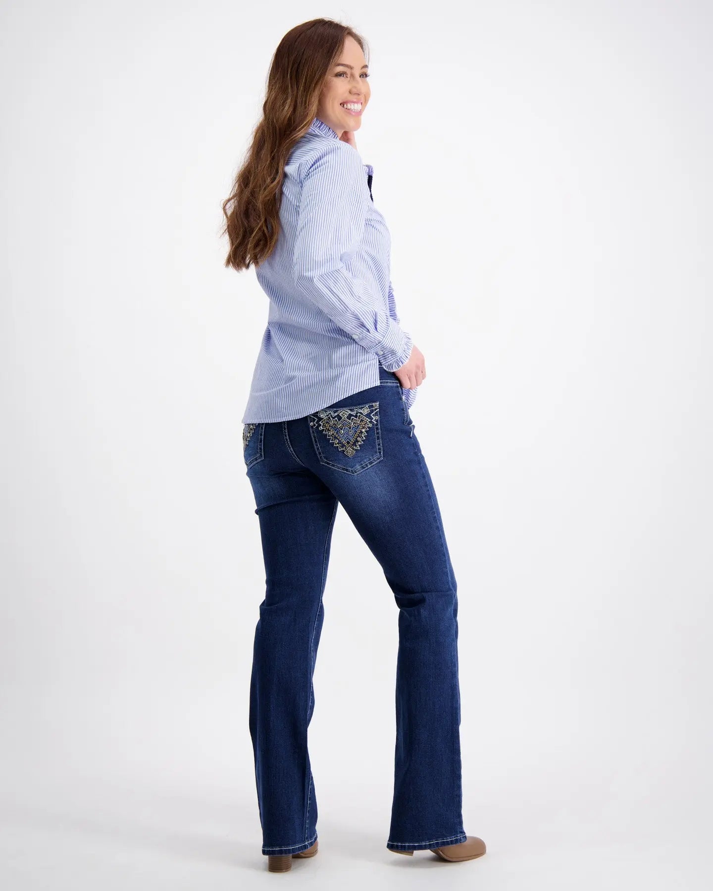 Light Blue Ruffle Shirt With White Stripes Outback Supply Co