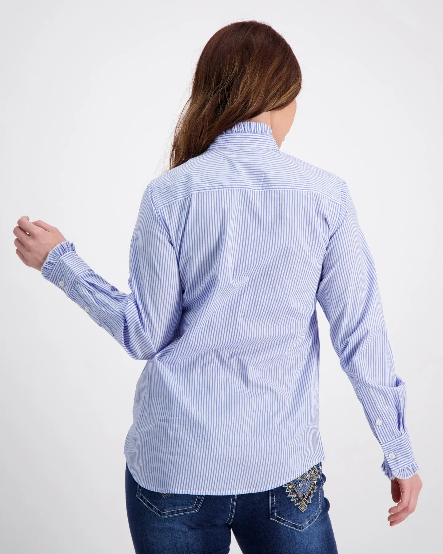 Light Blue Ruffle Shirt With White Stripes Outback Supply Co