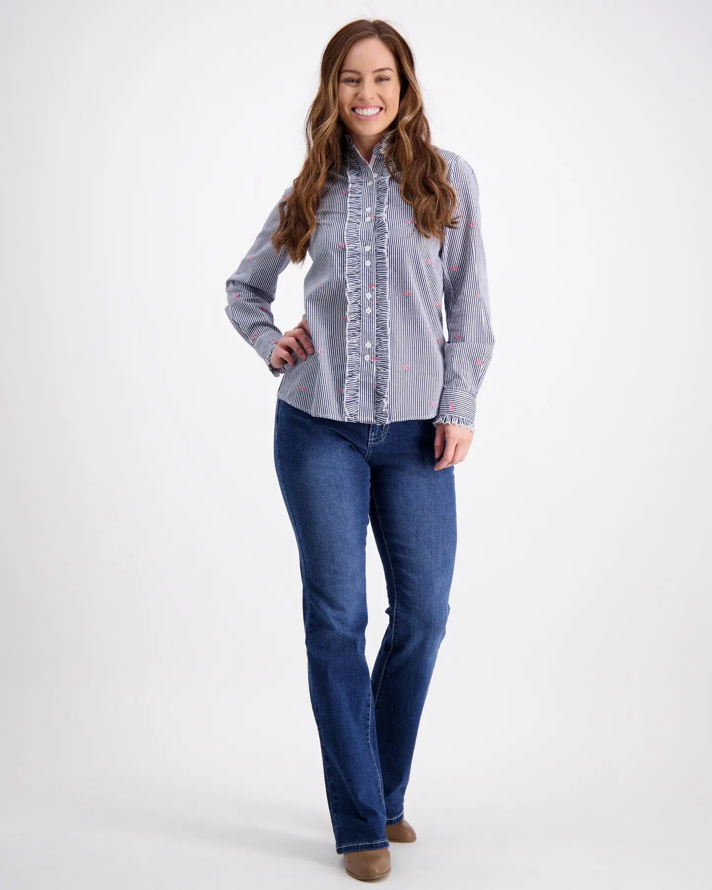 Navy Ruffled Shirt With White Stripes Outback Supply Co