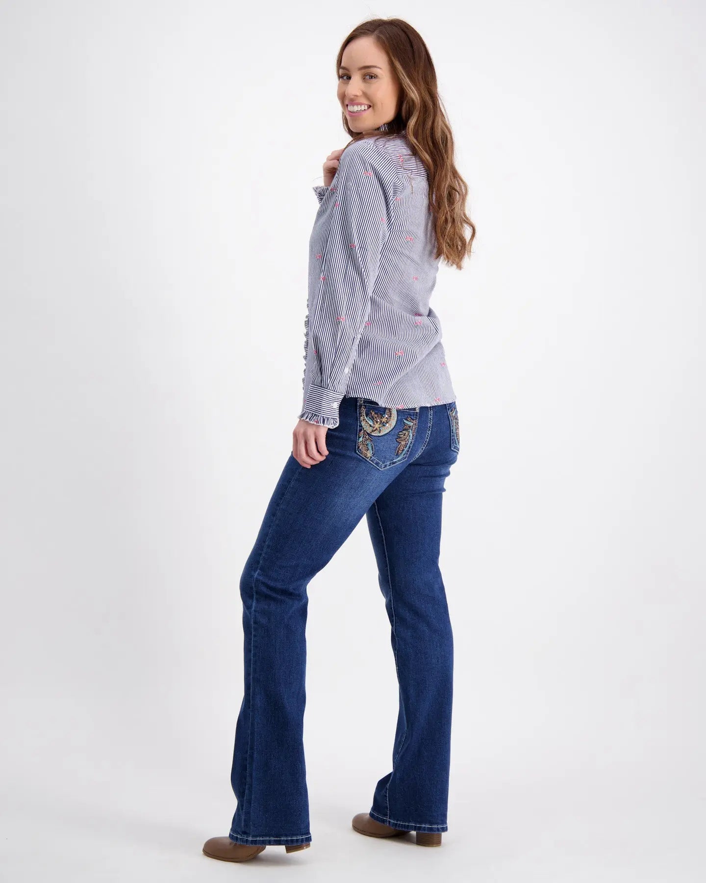 Navy Ruffled Shirt With White Stripes Outback Supply Co