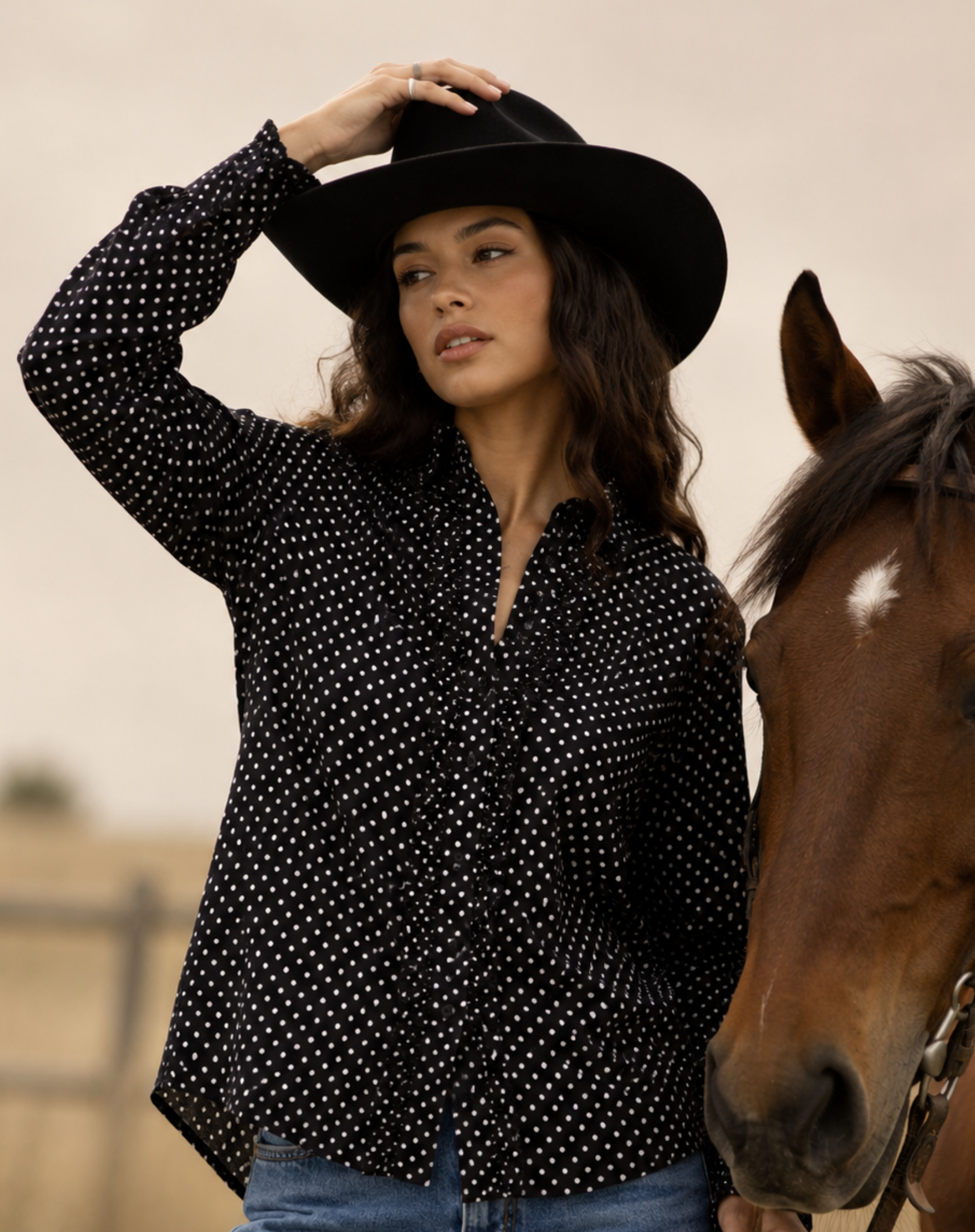 Black Ruffle Shirt With White Spots Outback Supply Co