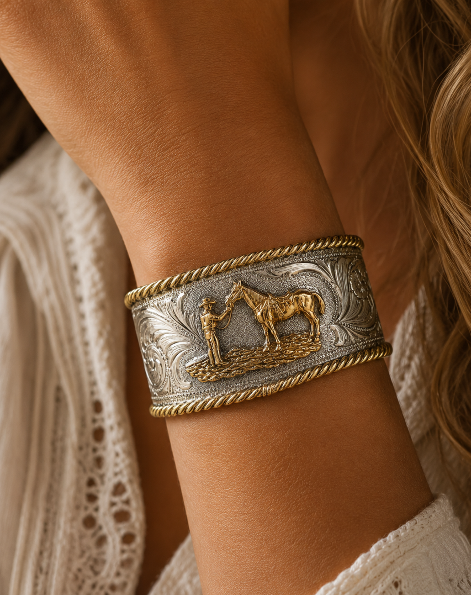 Antiqued Silver and Gold Horse Whisperer Cuff Bracelet Outback Supply Co