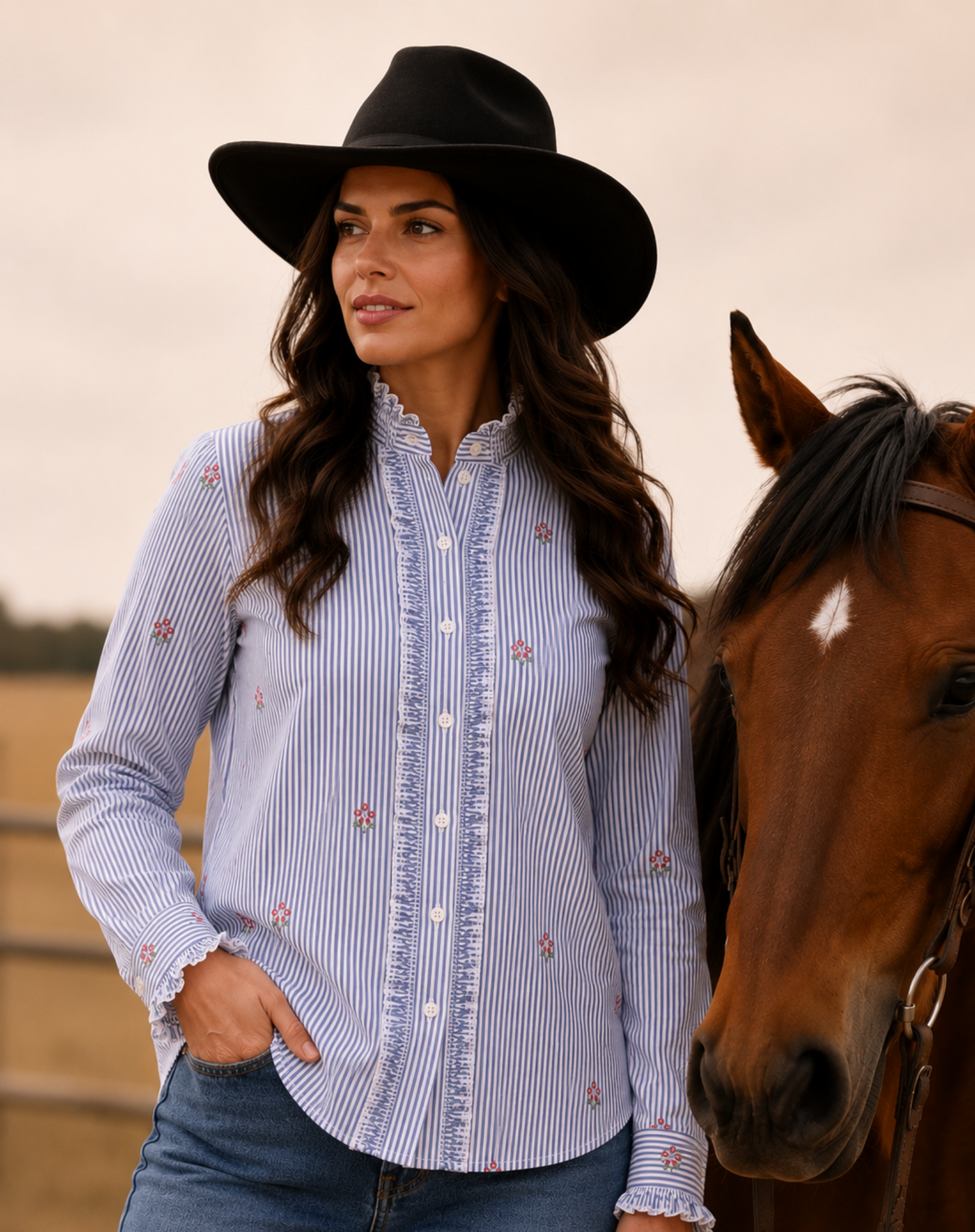 Navy Ruffled Shirt With White Stripes Outback Supply Co