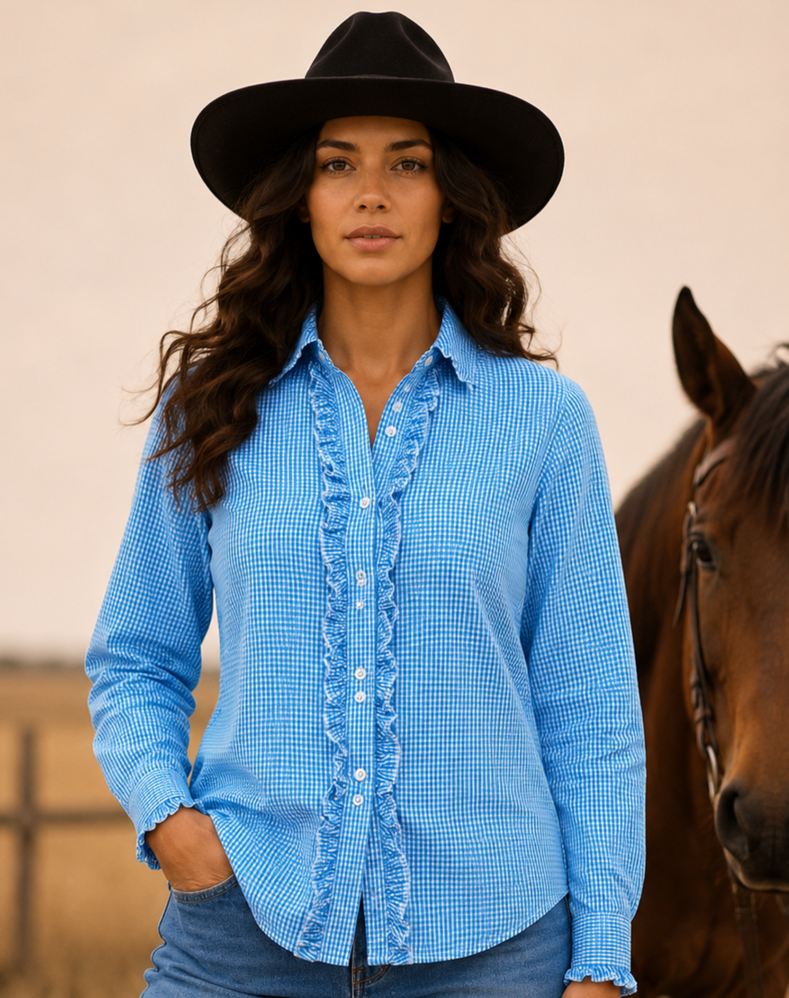Teal Gingham Ruffle Shirt Outback Supply Co