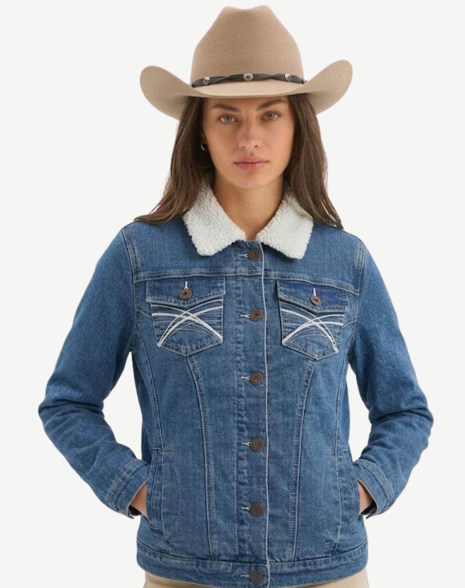 Womens Embroided Denim Sherpa Jacket Outback Supply Co