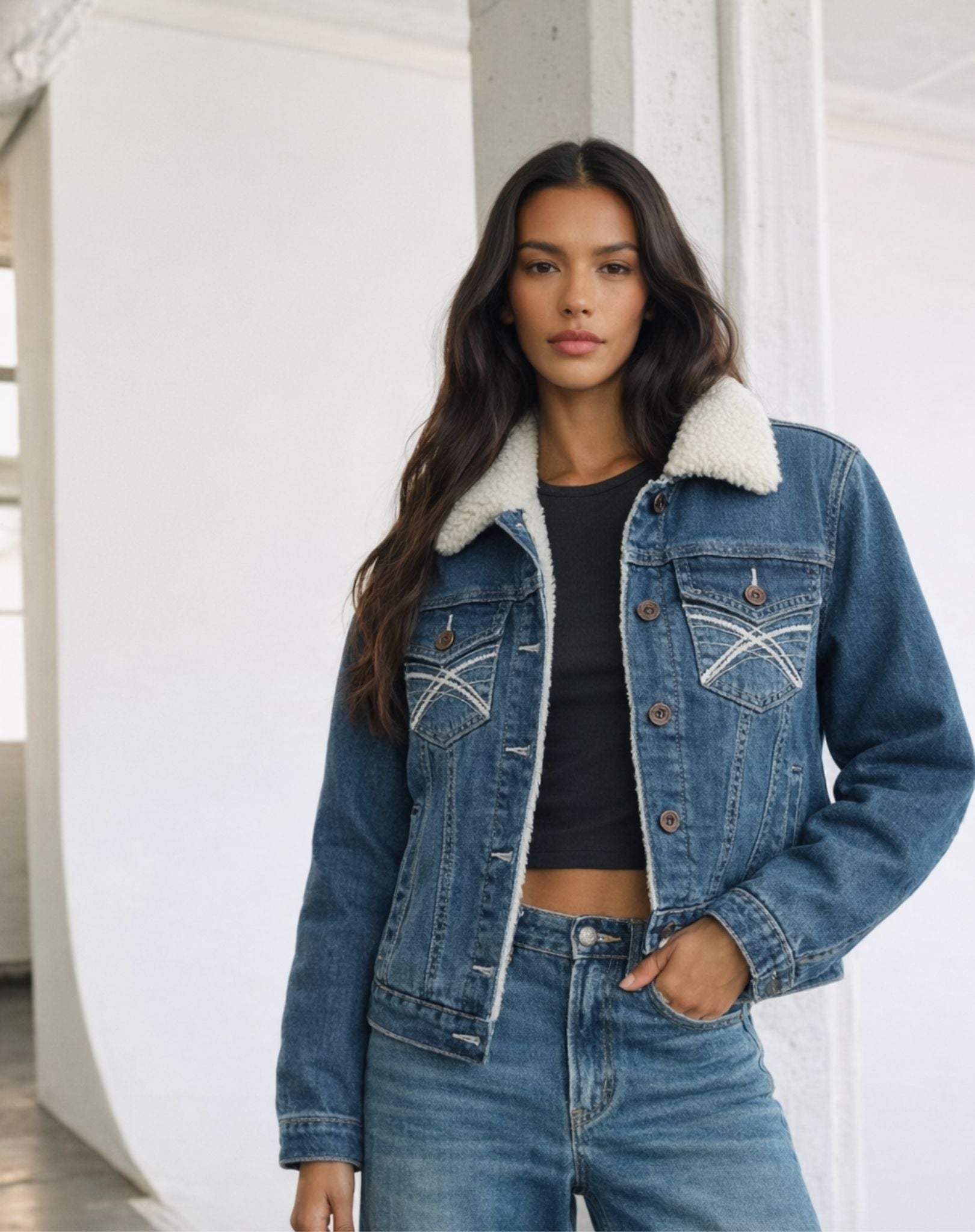 Womens Embroided Denim Sherpa Jacket Outback Supply Co