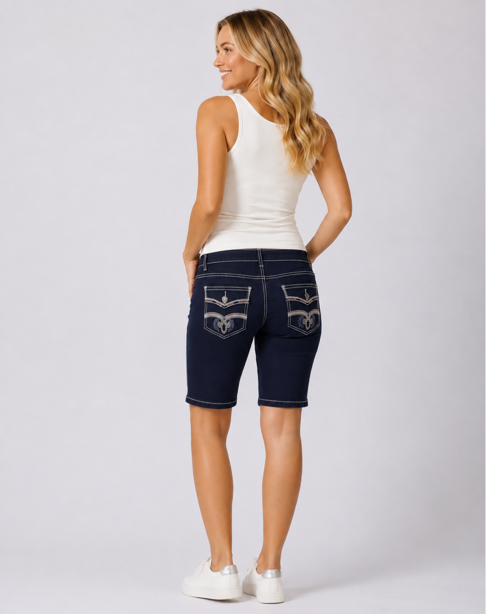 Women’s Mid-Rise Fitted Bermuda Denim Shorts with Bling – Dark Indigo Outback Supply Co