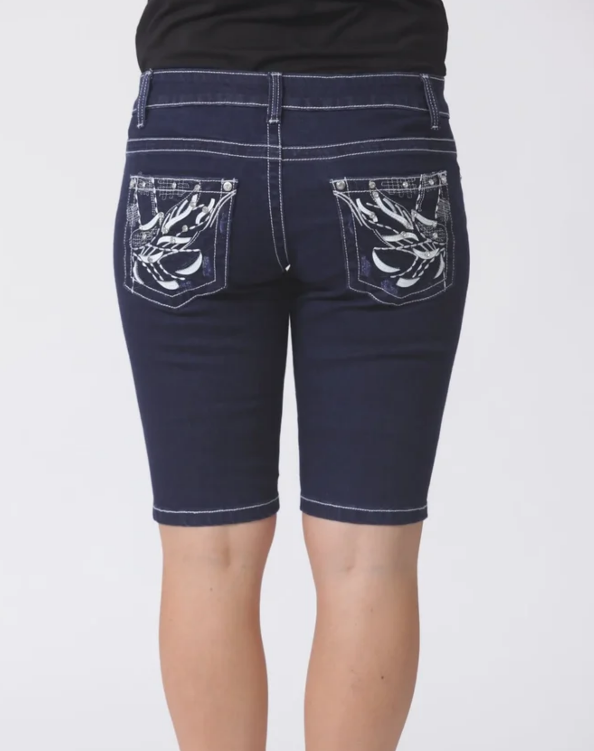 Women’s Mid-Rise Fitted Bermuda Denim Shorts with Bling – Dark Indigo Outback Supply Co