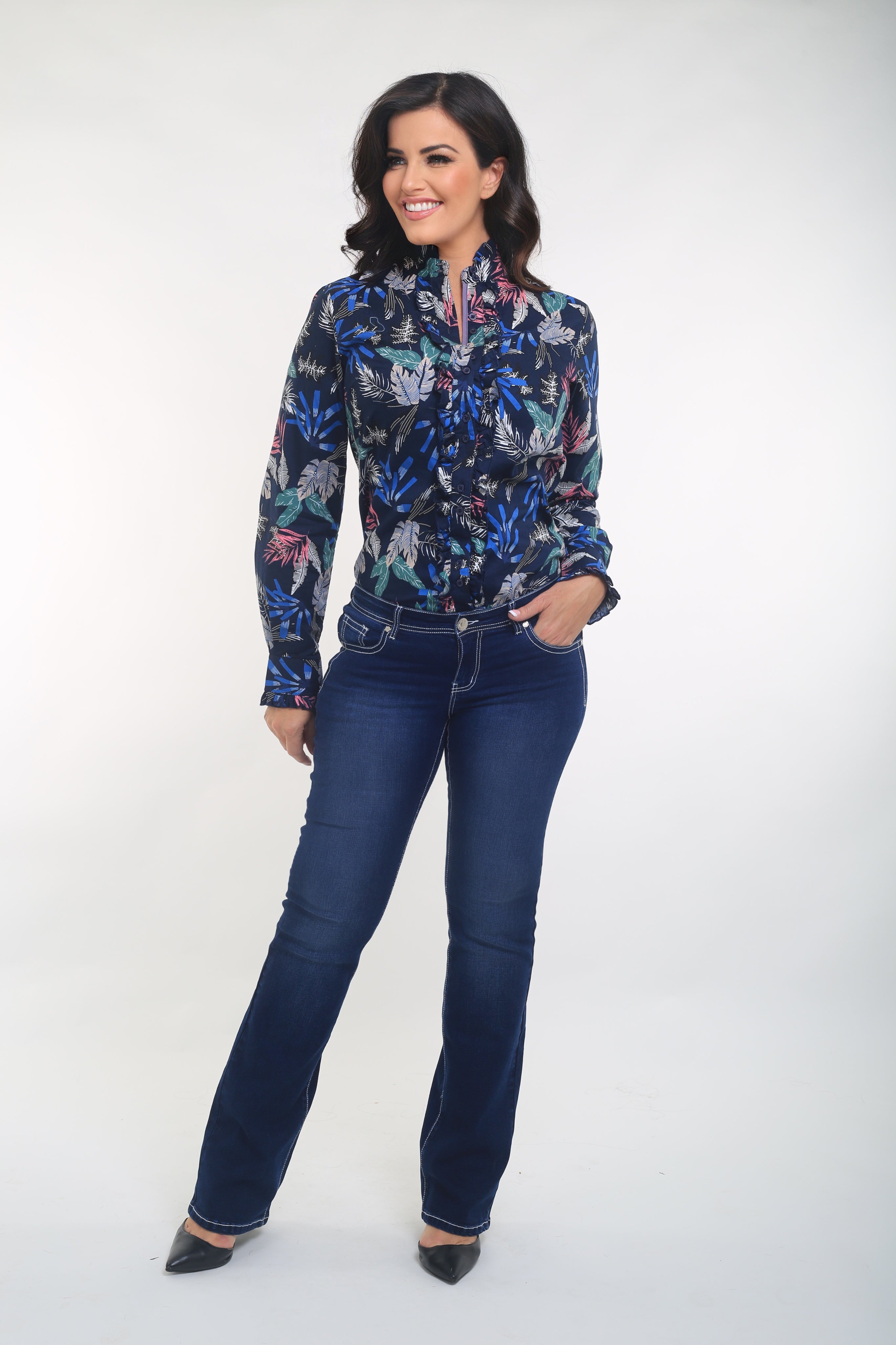 Navy Floral Ruffle Shirt Outback Supply Co