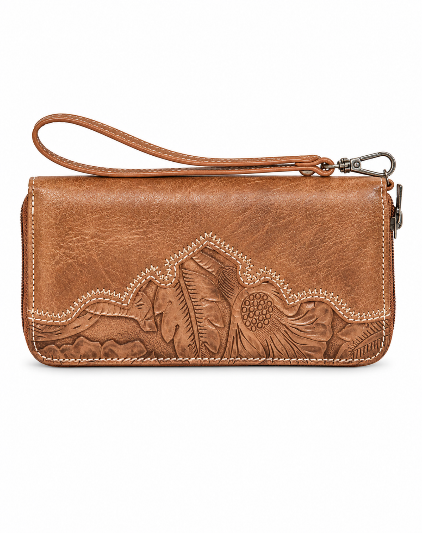 Western Tan Embossed Floral Faux Leather Wristlet Clutch Wallet Outback Supply Co