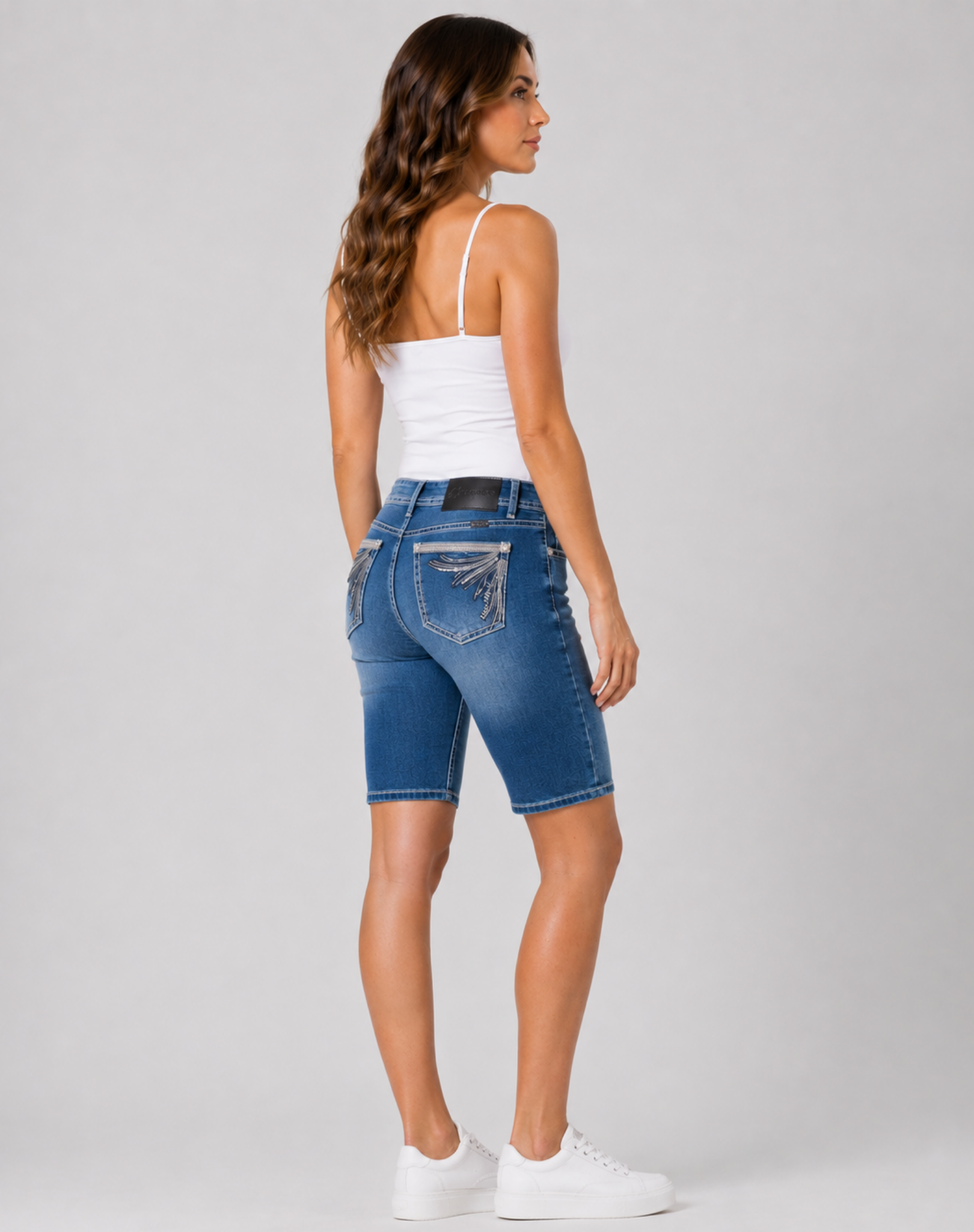 Cara Women’s Fitted Bermuda Denim Shorts with Bling – Mid Blue Outback Supply Co