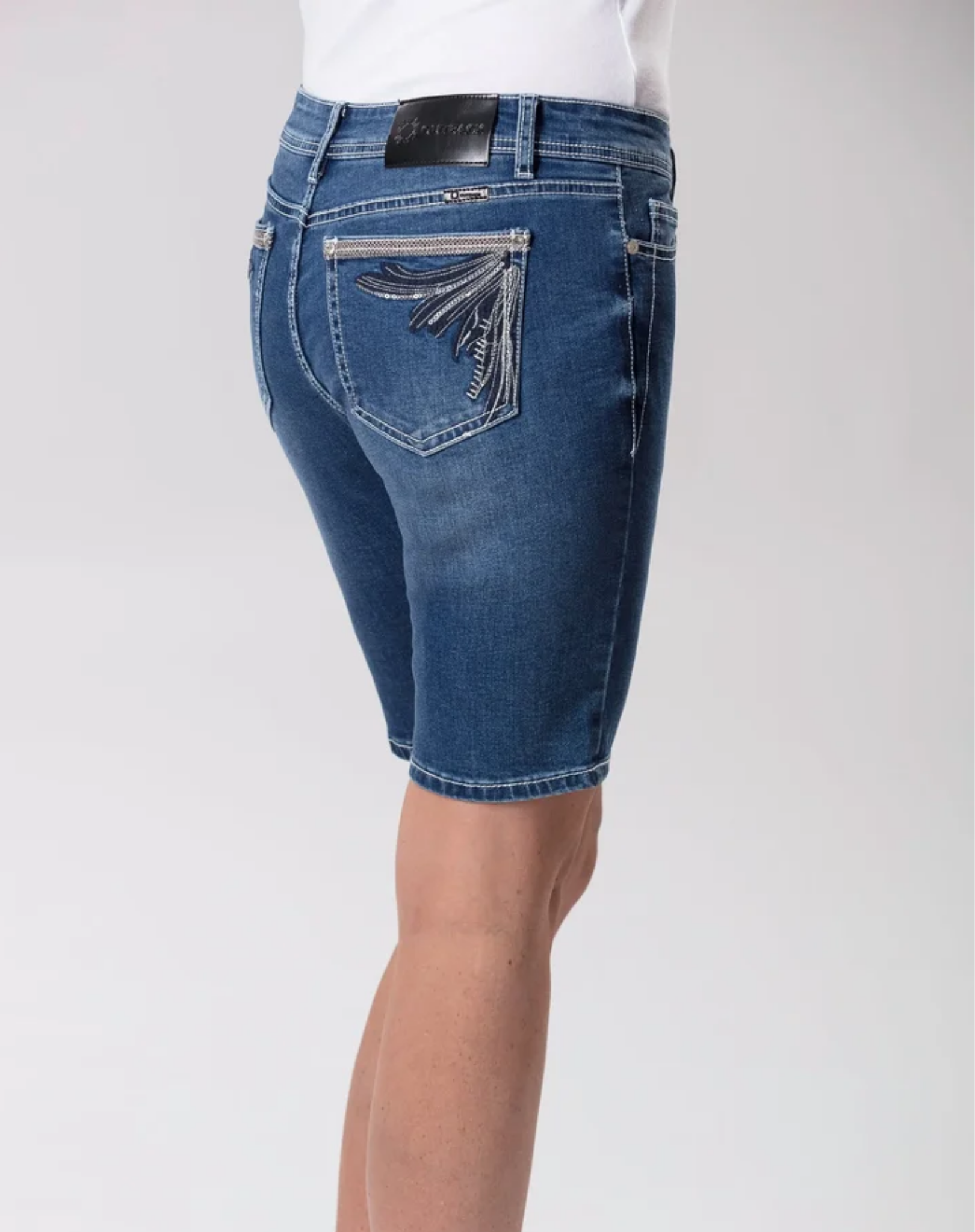 Cara Women’s Fitted Bermuda Denim Shorts with Bling – Mid Blue Outback Supply Co