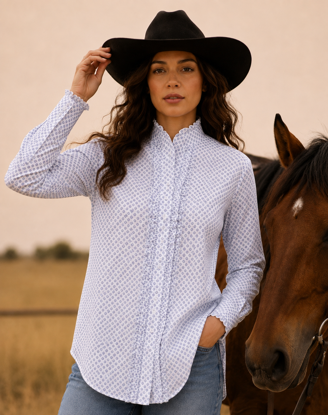 White Ruffle Shirt With Light Blue Details Outback Supply Co