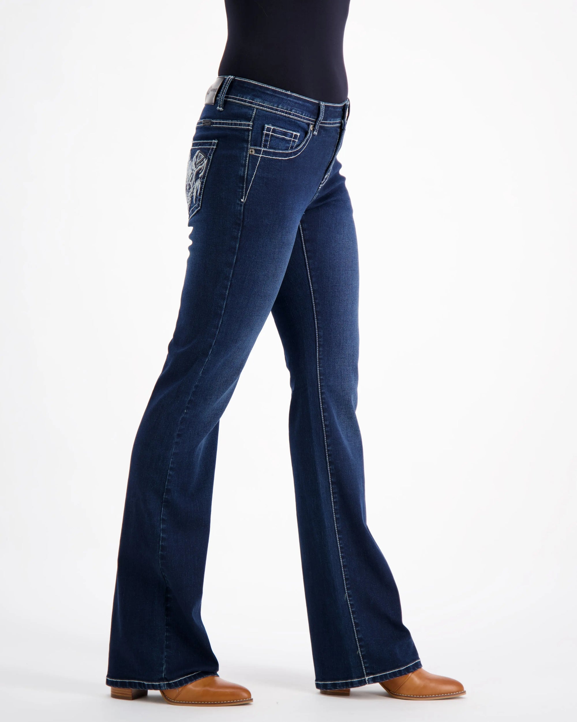 Mid rise boot cut stretch denim jeans