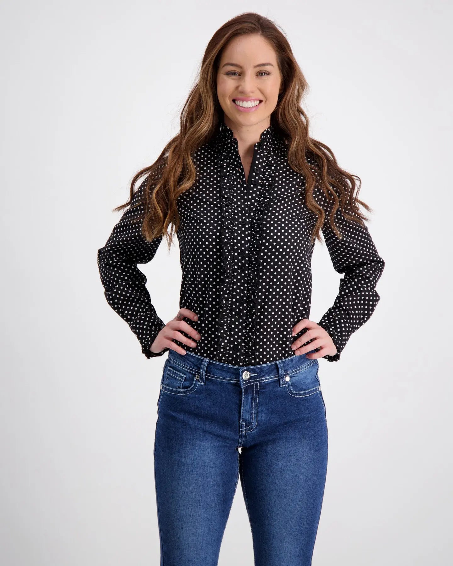 Black Ruffle Shirt With White Spots Outback Supply Co