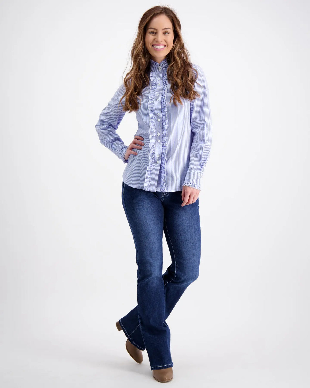 Light Blue Ruffle Shirt With White Stripes Outback Supply Co