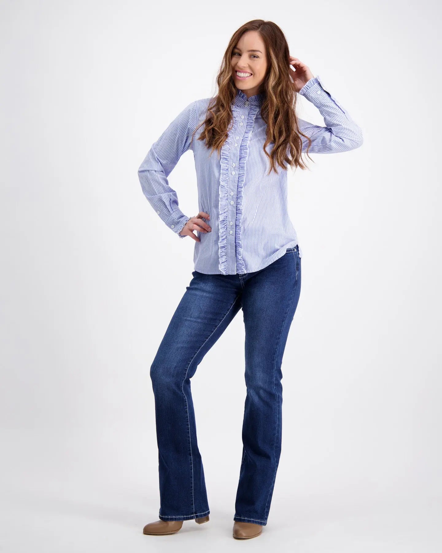 Light Blue Ruffle Shirt With White Stripes Outback Supply Co