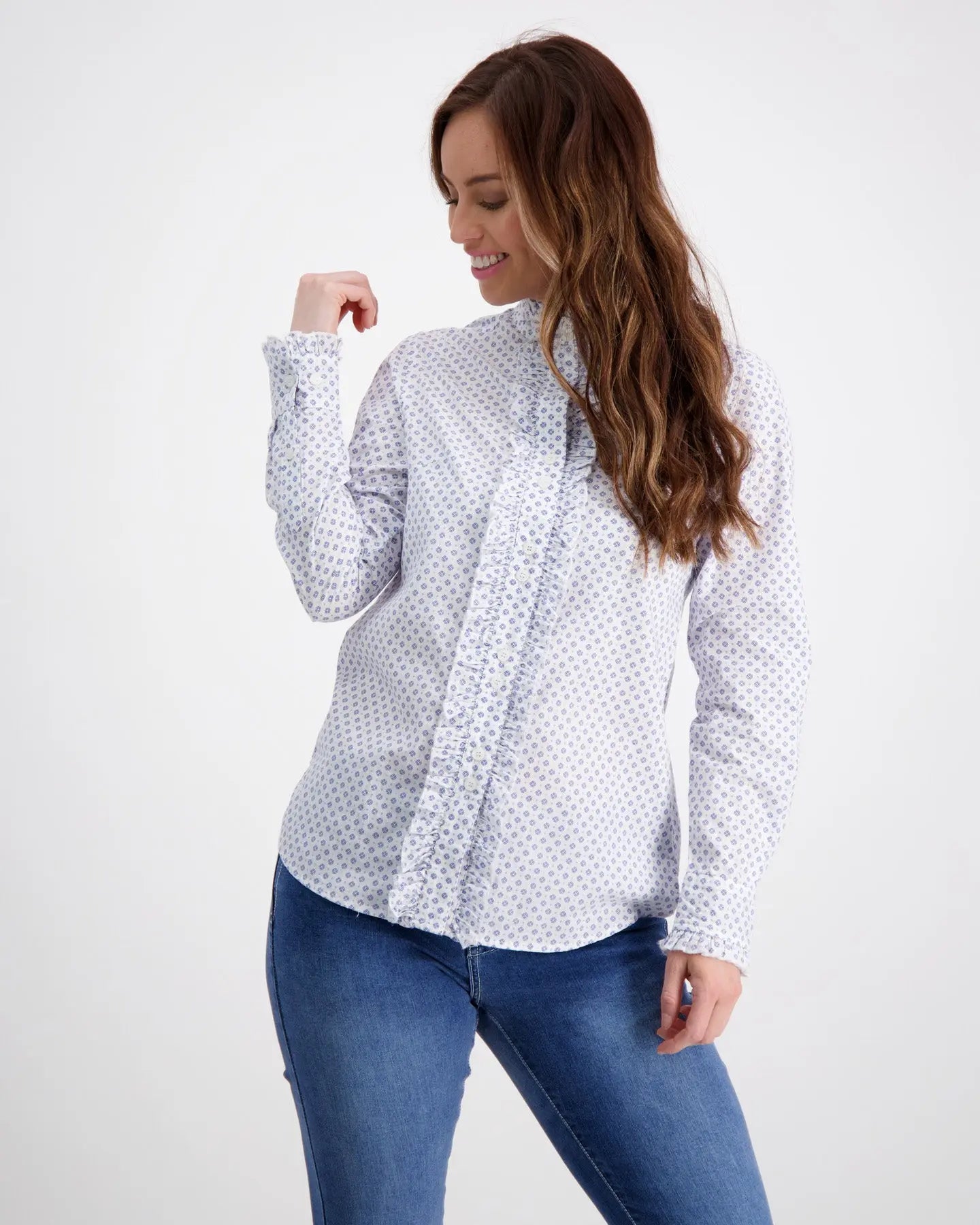 White Ruffle Shirt With Light Blue Details Outback Supply Co