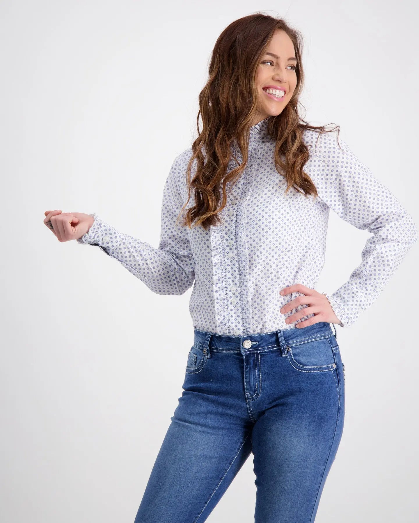 White Ruffle Shirt With Light Blue Details Outback Supply Co